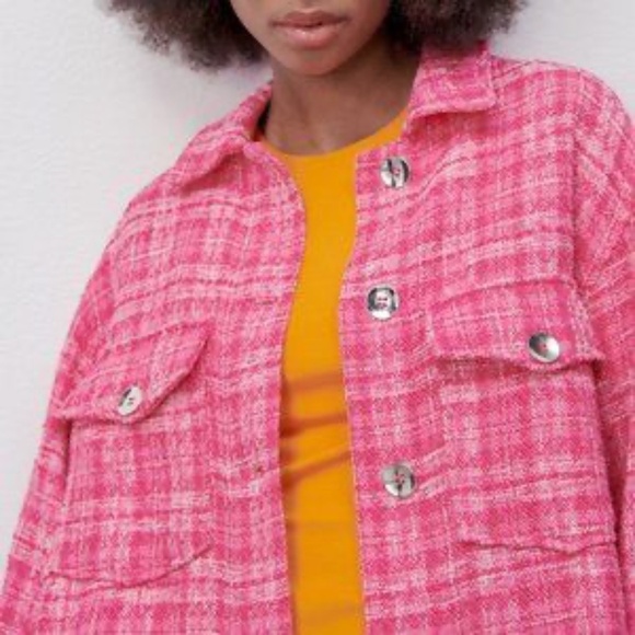 Zara Tweed Textured Woven Plaid Frayed Overshirt Shacket Shirt Jacket Pink S - Picture 11 of 16